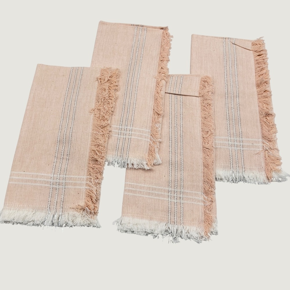 Cynthia Rowley Napkins Peach Silver Metallic Stripe Fringe Set of 4 19x19 Boho